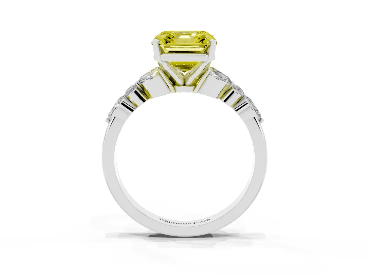 Fancy Yellow Asscher Cut Diamond Solitaire Ring with Side Stones and Four-Prong Setting Silver
