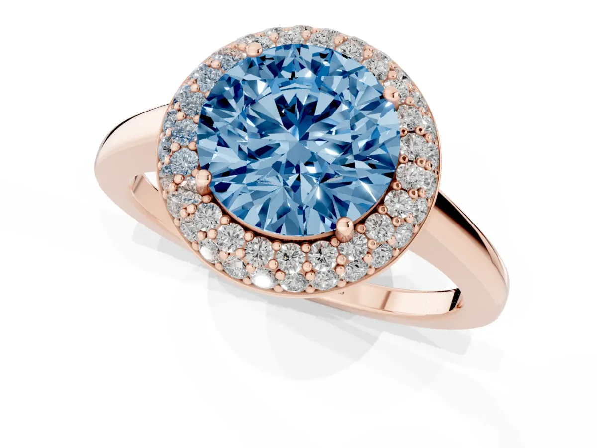 Fancy Blue Round Cut Halo Diamond Engagement Ring with Solitaire Band and Four-Prong Setting Rose gold