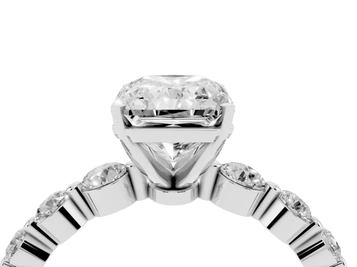 Radiant Cut Solitaire Diamond Ring with Pave Band and Four-Prong Setting Silver