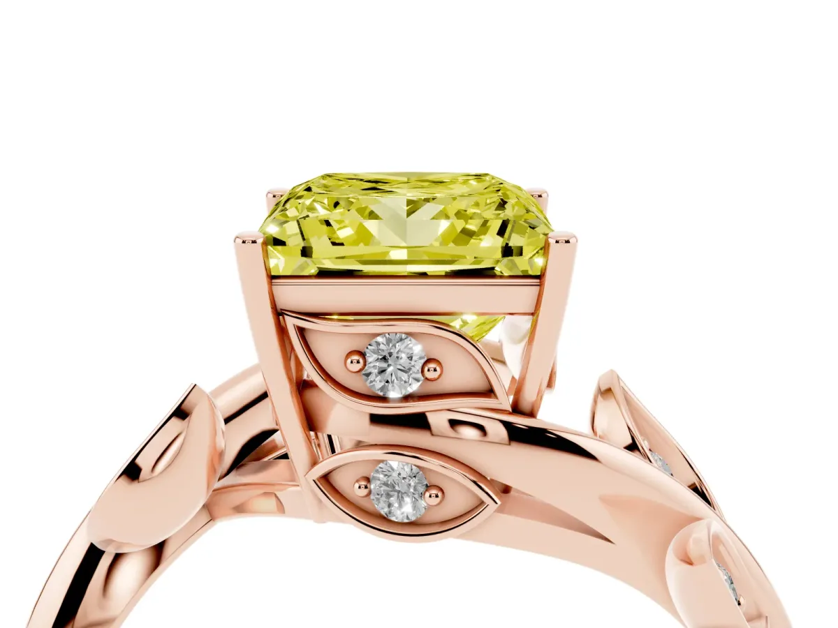 Fancy Yellow Princess Cut Solitaire Twist Engagement Ring with Leaf Accents and Prong Setting Rose gold