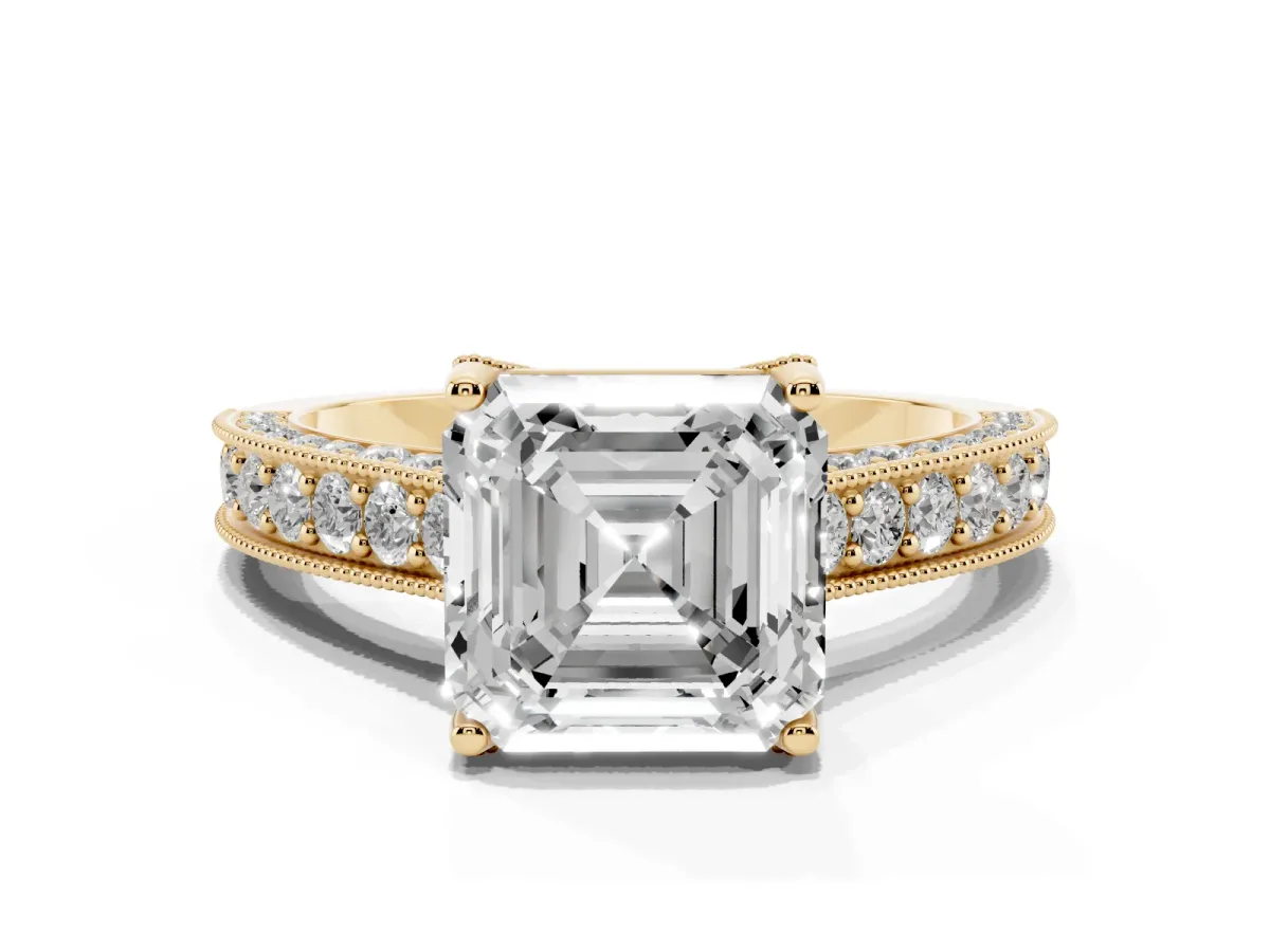 Asscher Cut Cut Diamond Solitaire Ring with Milgrain Pave Band and Four Prong Setting Yellow gold