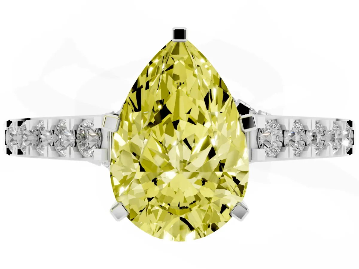Fancy Yellow Pear Cut Diamond Solitaire Ring with Crossover Gallery and Round Pavé Band Silver