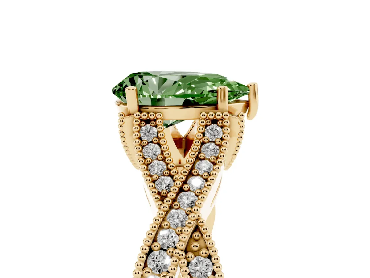 Fancy Green Pear Cut Cut Diamond Twisted Band with Milgrain Pave Setting and Four-Prong Setting Yellow gold