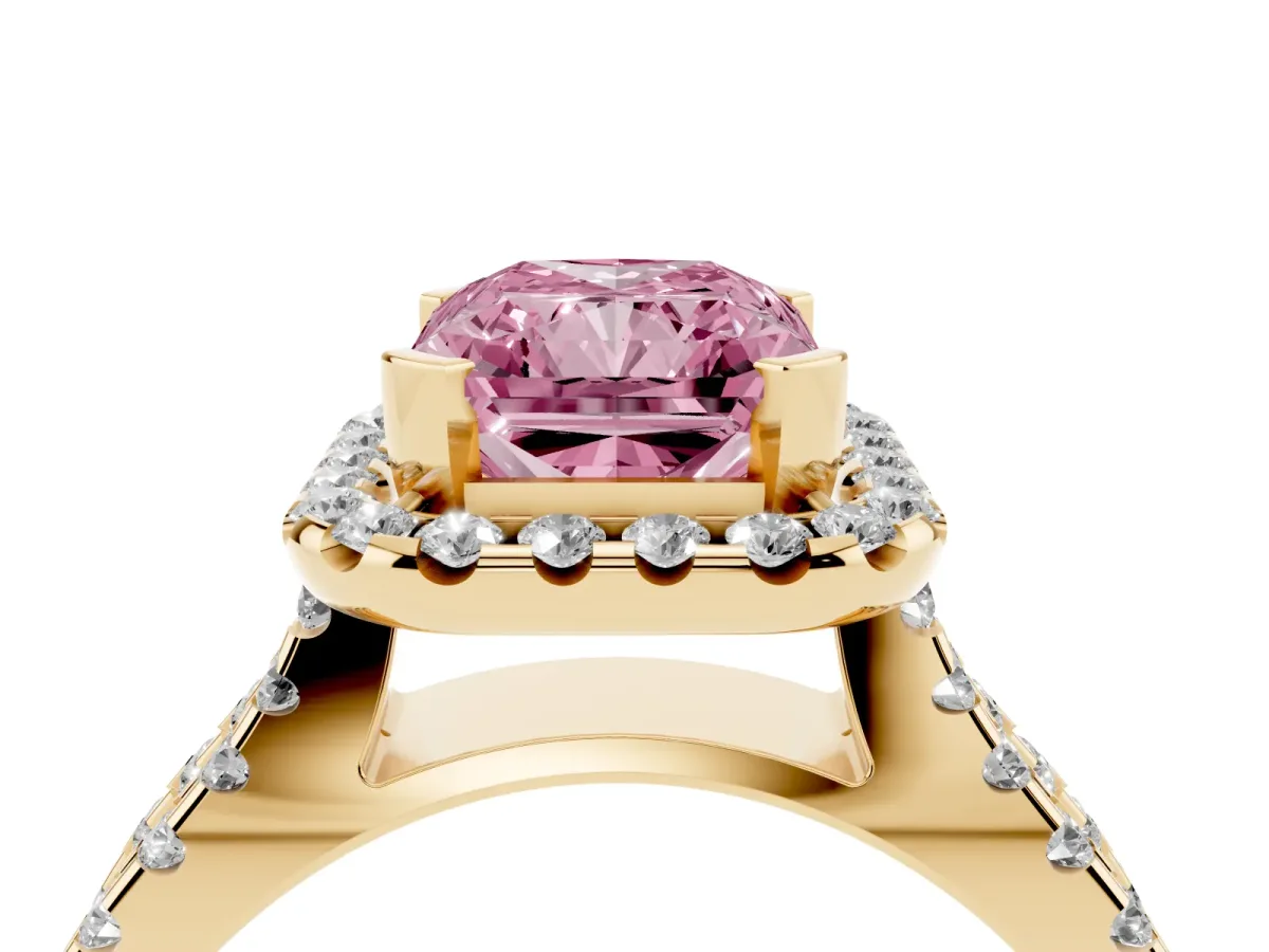Fancy Pink Radiant Cut Diamond Halo Ring with Split Shank Pavé Band and Prong Setting Yellow gold