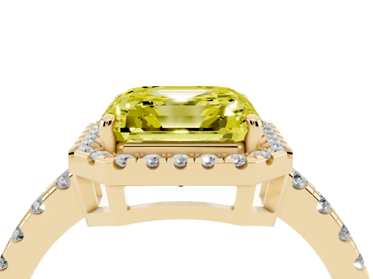 Fancy Yellow Asscher Cut Diamond Halo Ring with Pavé Band and Four-Prong Setting Yellow gold