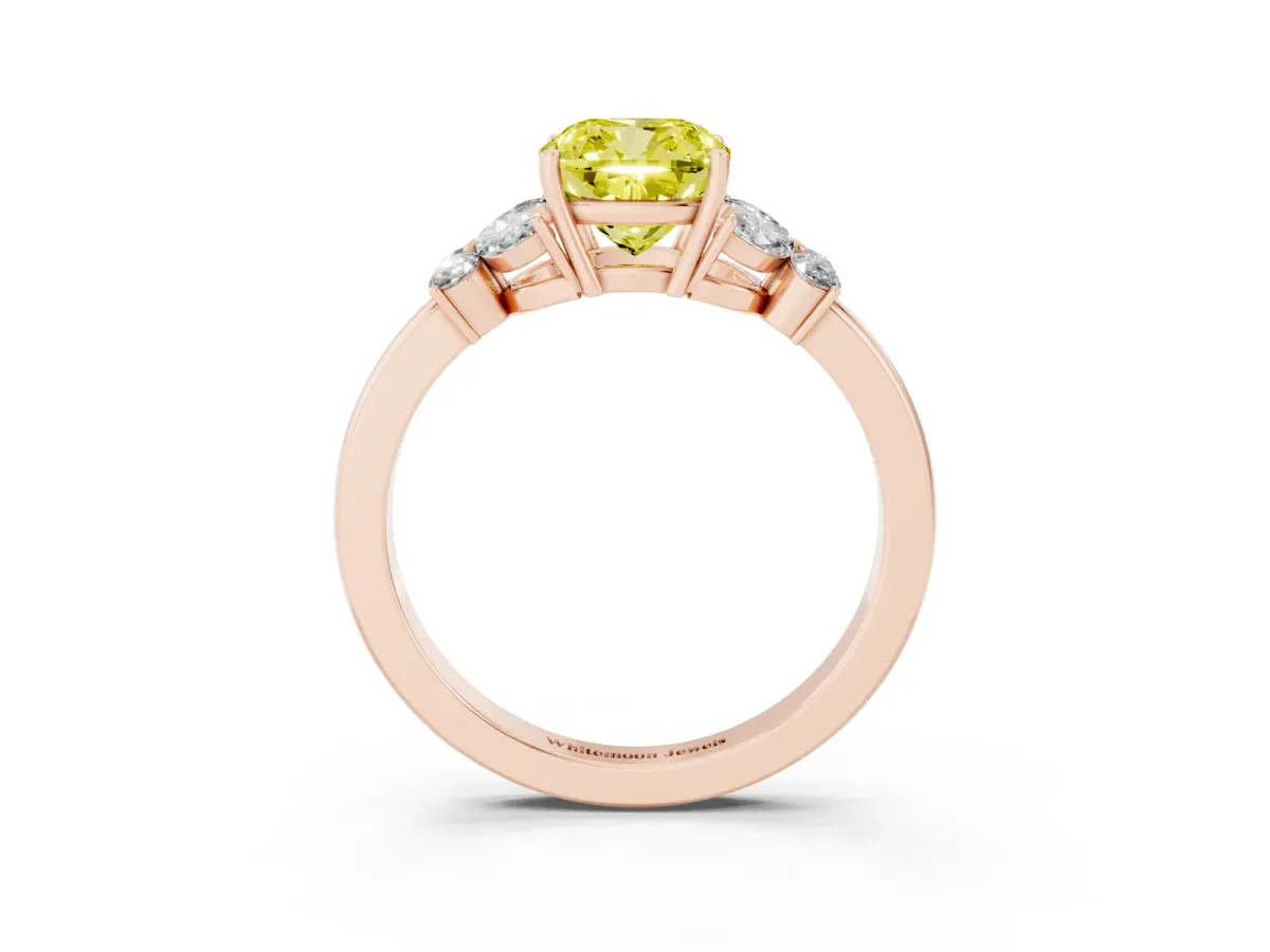 Fancy Yellow Cushion Cut Cut Solitaire Floral Diamond Ring with Four-Prong Setting Rose gold