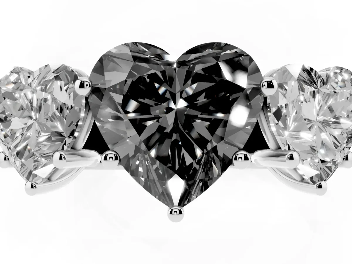Fancy Black Heart Cut Three-Stone Diamond Ring with Prong Setting on a Classic Band Silver