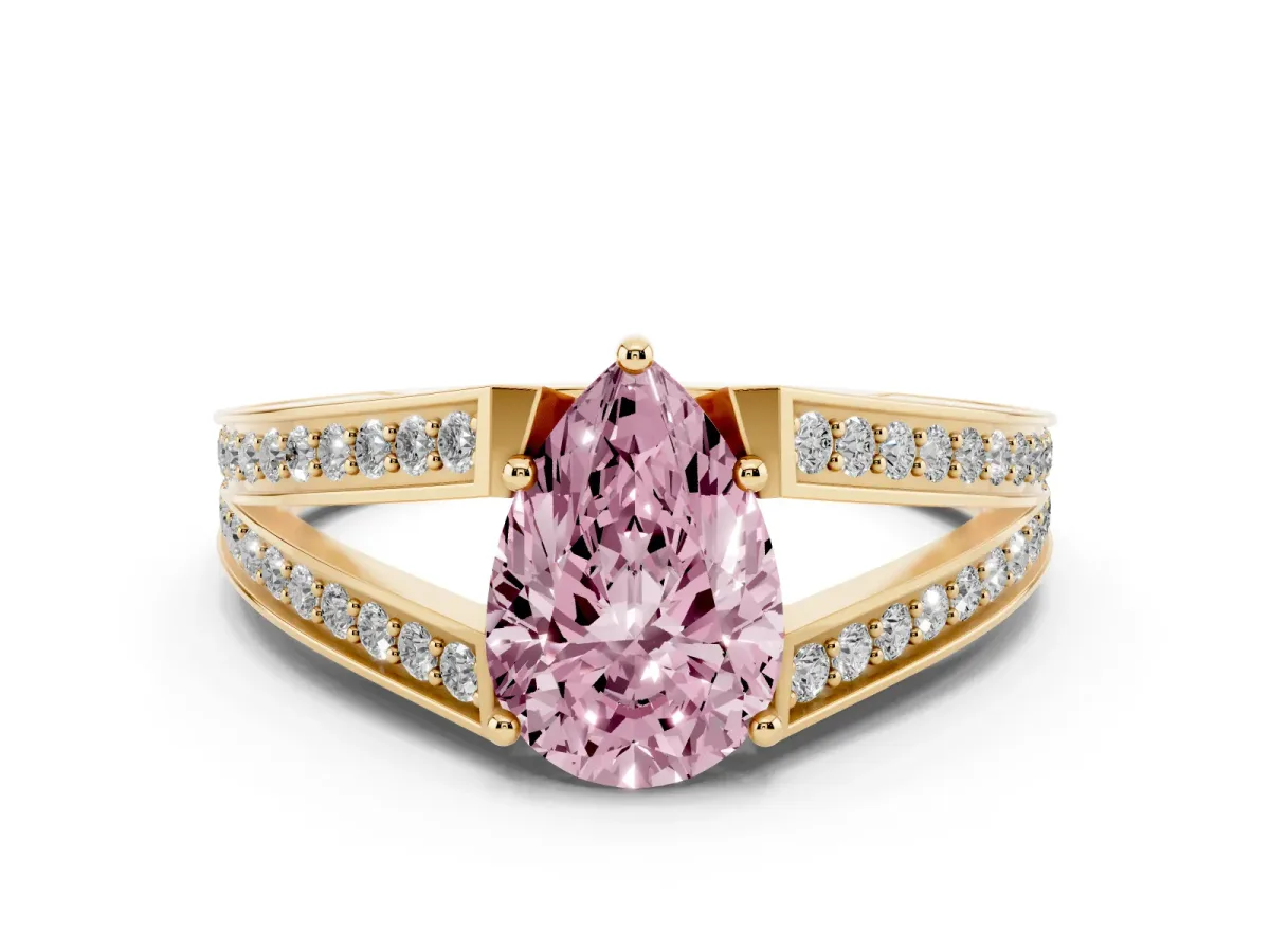 Fancy Pink Pear Cut Diamond Split Shank Ring with Pavé Band and Four-Prong Setting Yellow gold