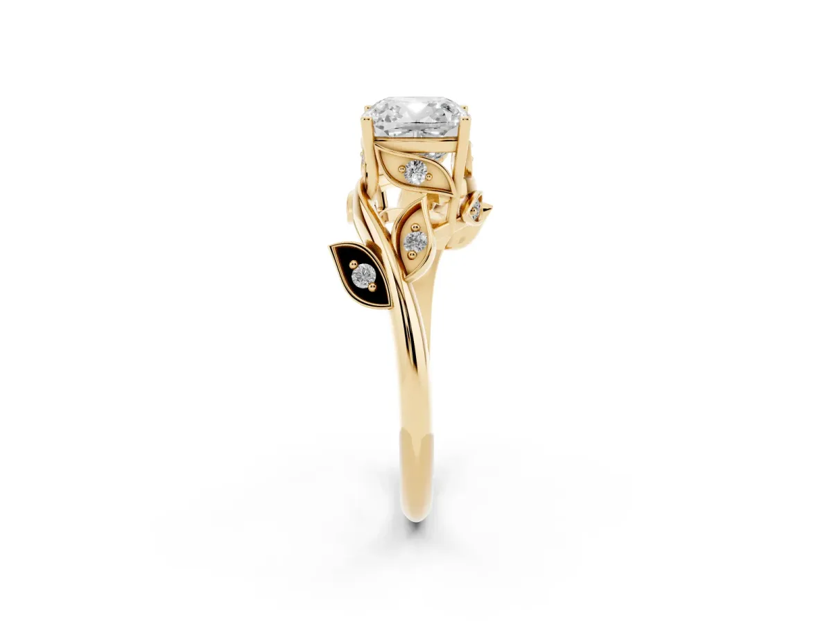 Cushion Cut Solitaire Twist Engagement Ring with Leaf Accents and Prong Setting Yellow gold