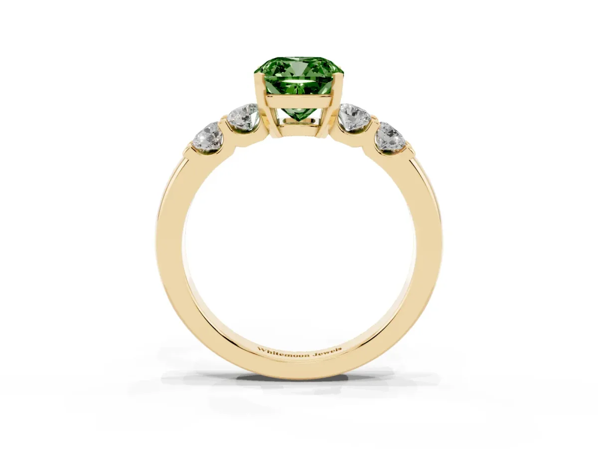 Fancy Green Cushion Cut Brilliant Cut Diamond Five-Stone Prong Set Engagement Ring with Channel Band Yellow gold