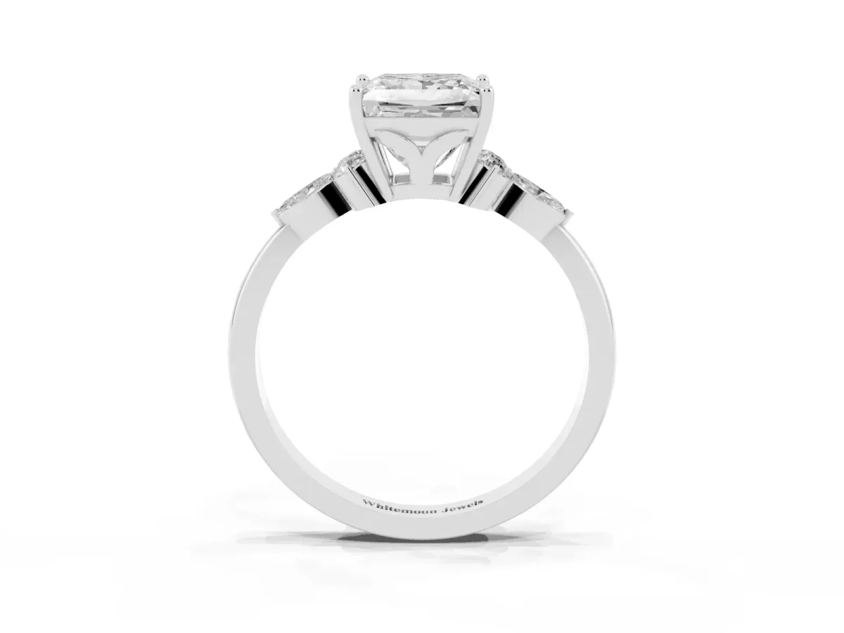 Princess Cut Brilliant Diamond Solitaire Ring with Pear Side Stones and Four-Prong Setting Silver