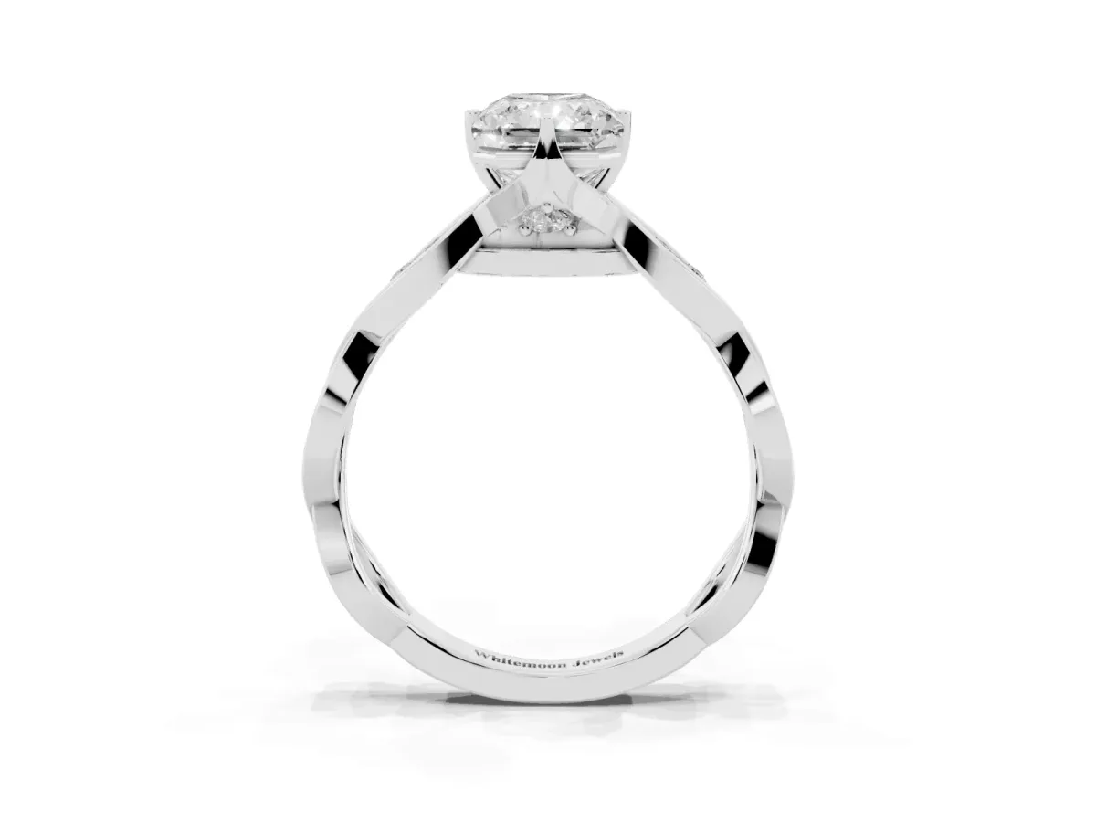 Radiant Cut Solitaire Twist Band with Leaf Prong Setting Silver