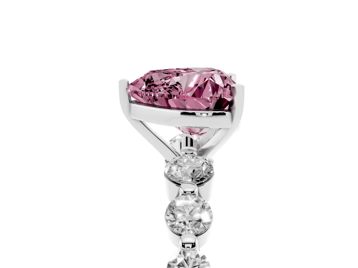 Fancy Pink Heart Cut Solitaire Diamond Ring with Pave Band and Four-Prong Setting Silver