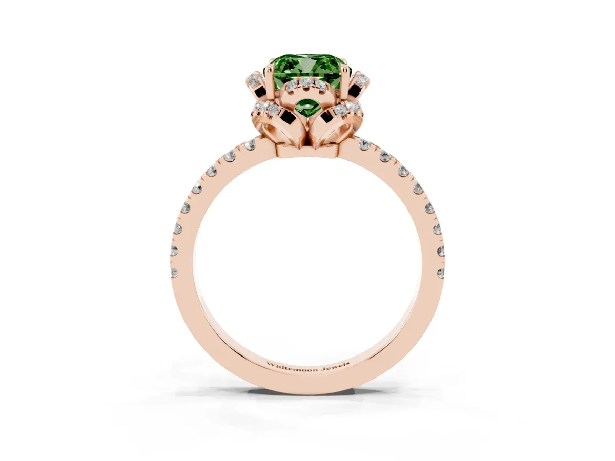 Fancy Green Cushion Cut Diamond Halo Pave Band with Four-Prong Setting Rose gold