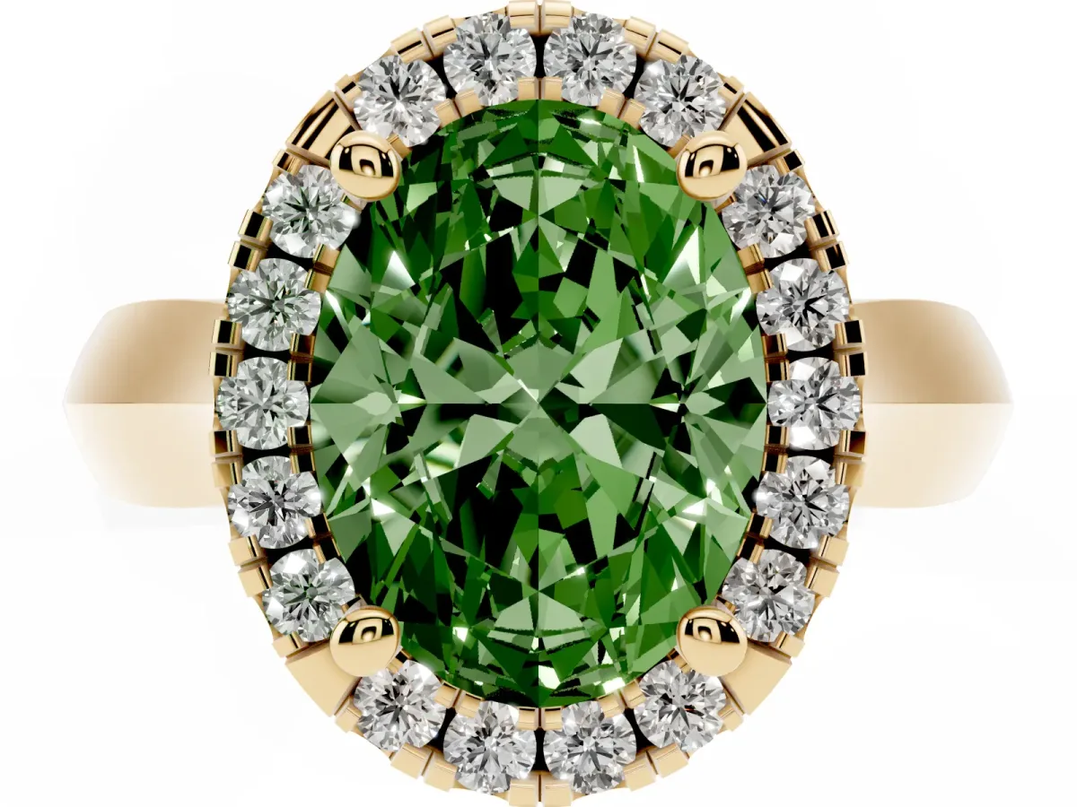 Fancy Green Oval Cut Cut Halo Solitaire Engagement Ring with Square Band and Four-Prong Setting Yellow gold