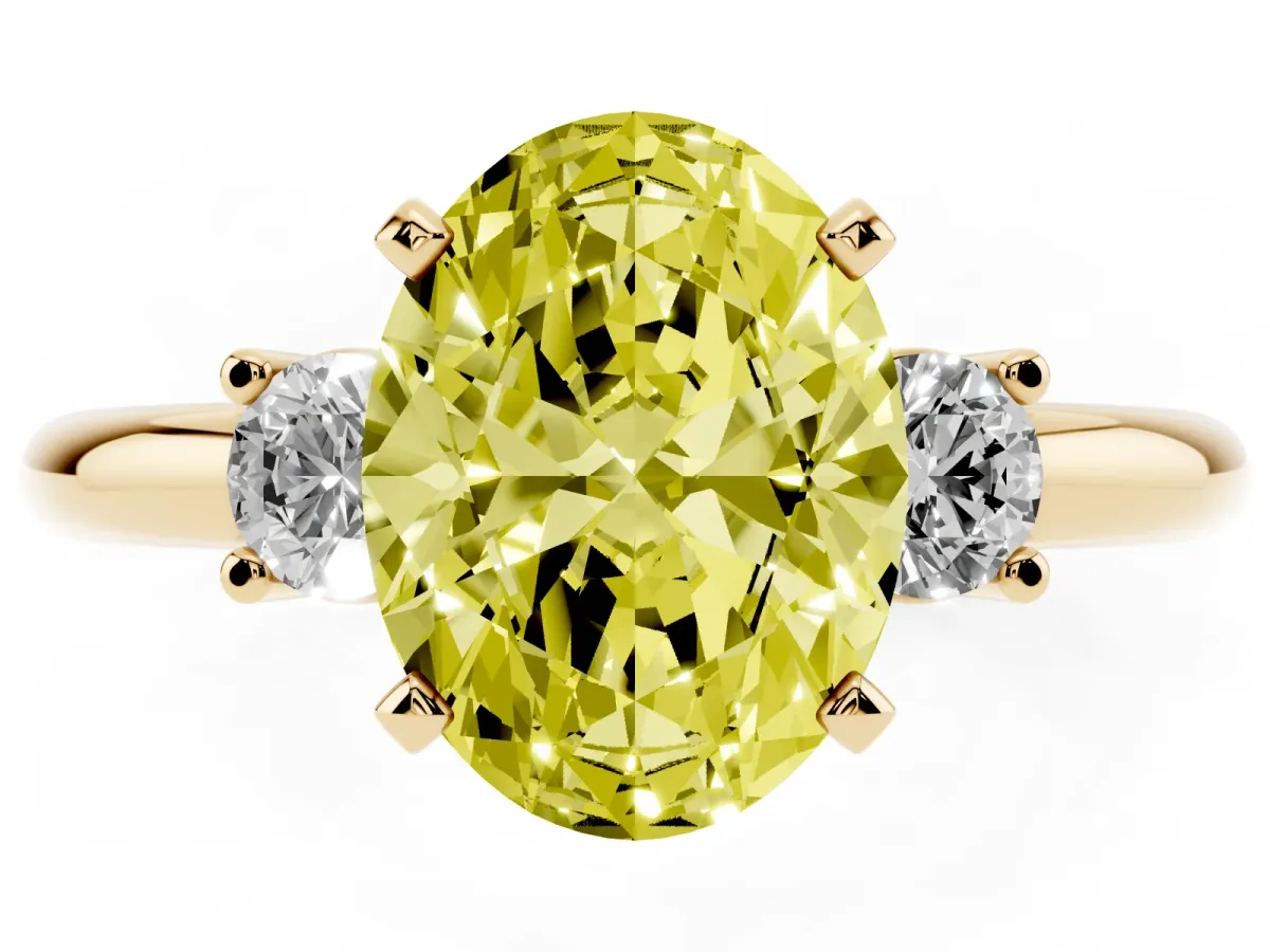 Fancy Yellow Three-Stone Oval Cut Cut Diamond Solitaire with Prong Setting and Classic Band Yellow gold