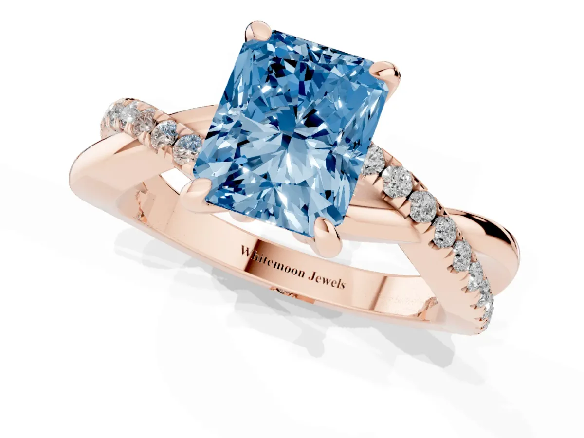Fancy Blue Radiant Cut Cut Diamond Twist Band Solitaire with Prong Setting Rose gold