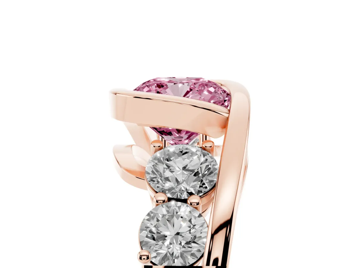 Fancy Pink Bezel Set Cushion Cut Diamond Bypass Ring with Round Accents Rose gold