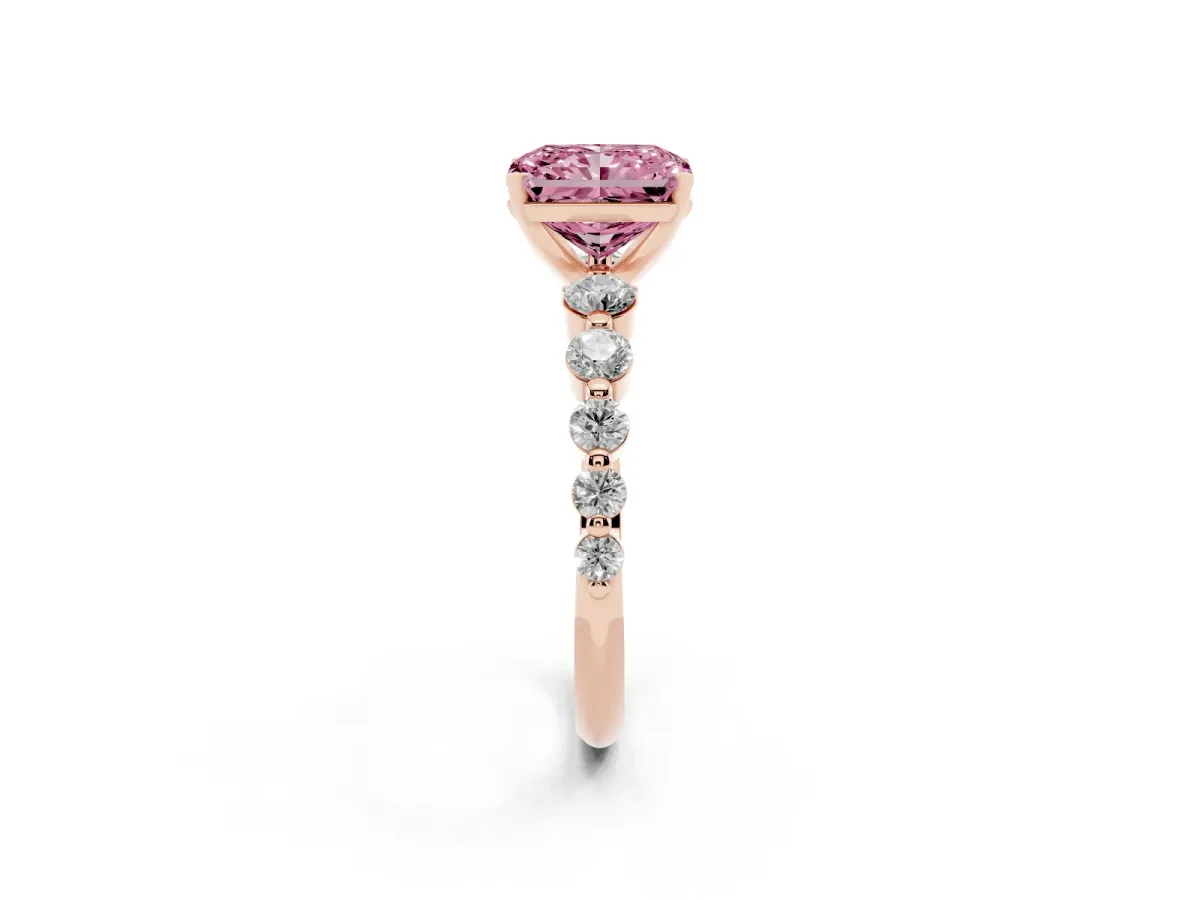Fancy Pink Radiant Cut Solitaire Diamond Ring with Pave Band and Four-Prong Setting Rose gold