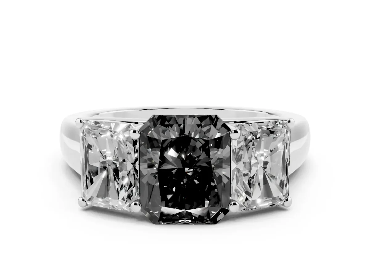 Fancy Black Radiant Cut Three-Stone Diamond Ring with Prong Setting on a Classic Band Silver