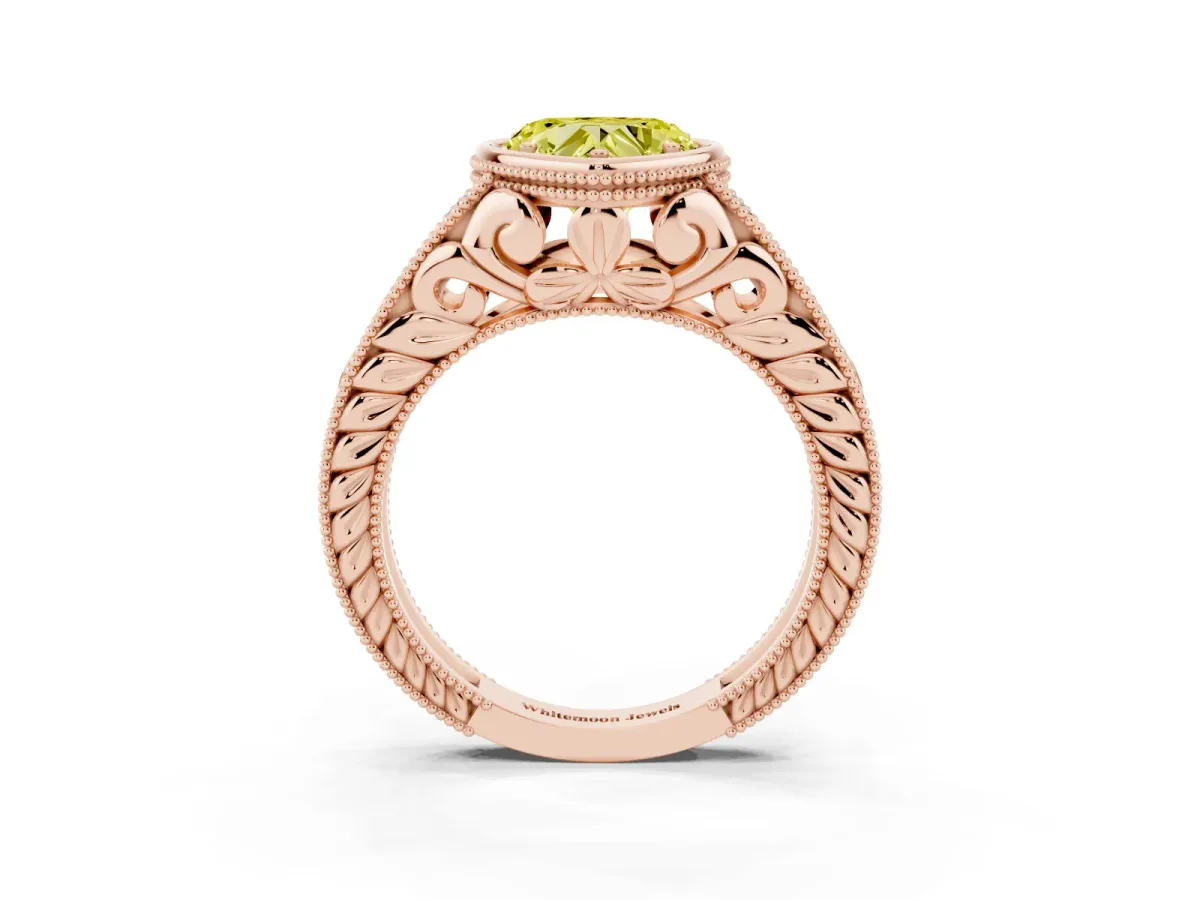 Fancy Yellow Bezel Set Heart Cut Diamond Milgrain Pave Engagement Ring Rose gold