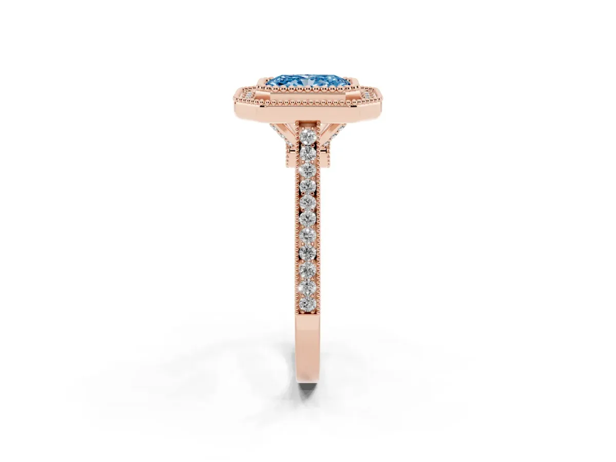 Fancy Blue Radiant Cut Diamond Halo Ring with Milgrain Frame and Pavé Band Rose gold