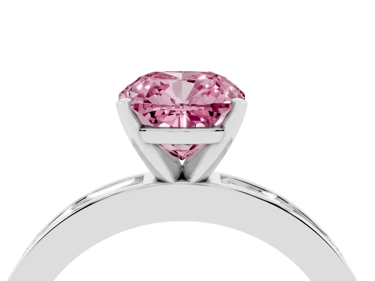 Fancy Pink Cushion Cut Solitaire Diamond Ring with Channel-Set Baguette Band and Four-Prong Setting White gold