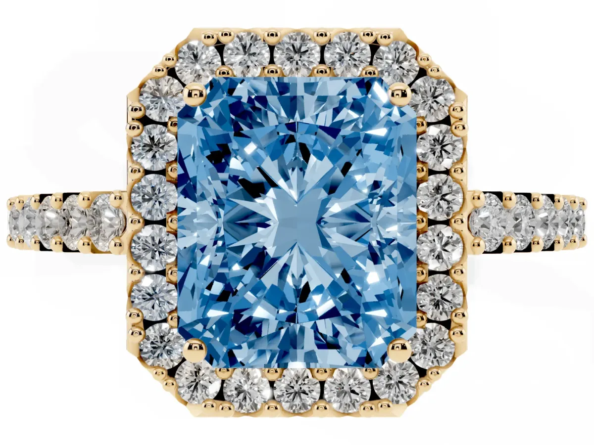 Fancy Blue Radiant Cut Halo Diamond Pavé Solitaire Ring Yellow gold
