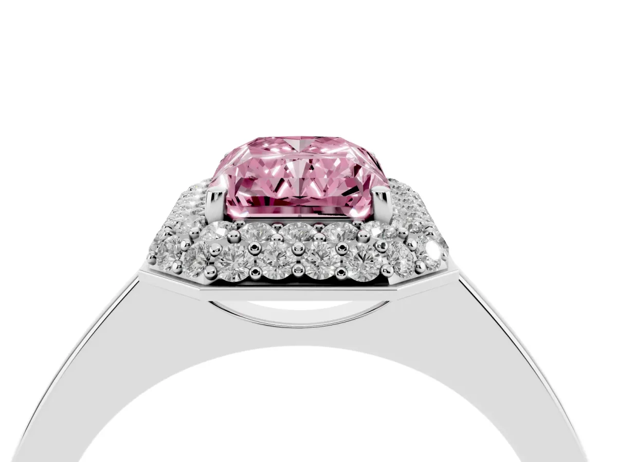 Fancy Pink Radiant Cut Halo Diamond Engagement Ring with Solitaire Band and Four-Prong Setting Silver