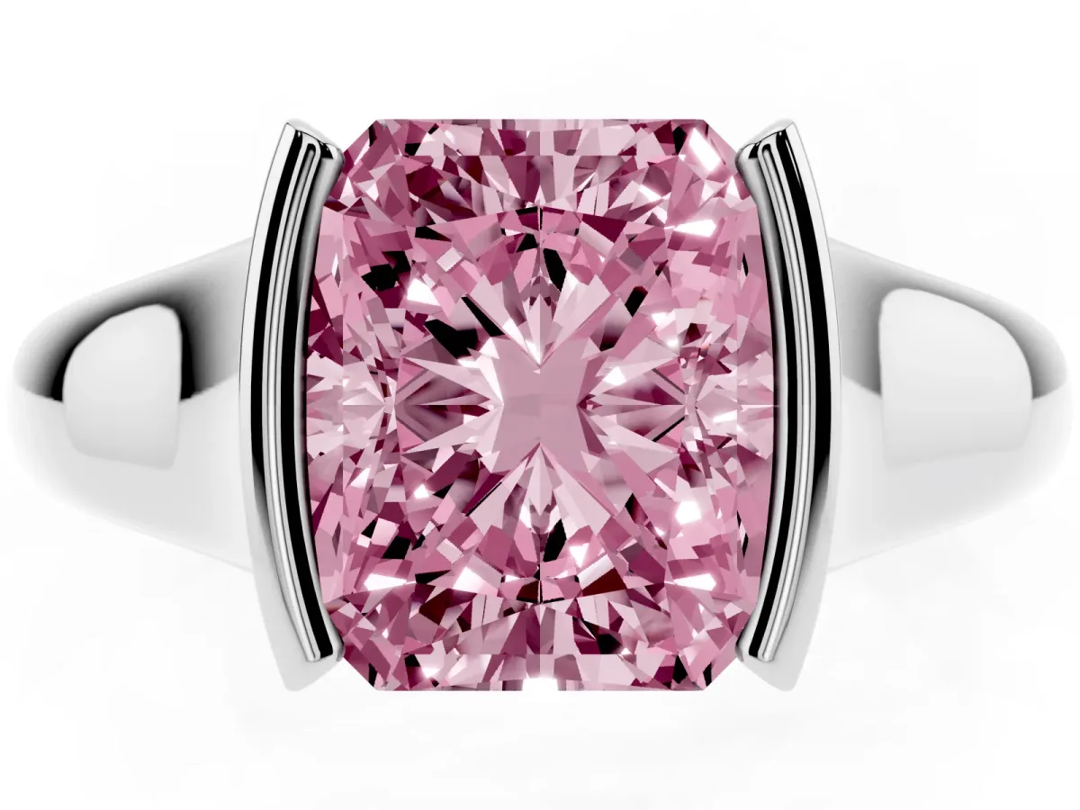 Fancy Pink Radiant Cut Solitaire Tension Set Diamond Ring with Split Shank Band Platinum