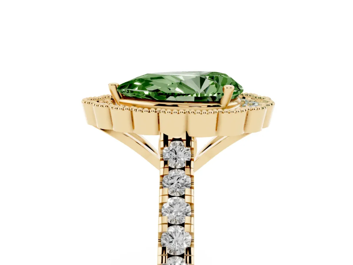 Fancy Green Pear Cut Cut Diamond Milgrain Floral Halo Engagement Ring with Pavé Band Yellow gold