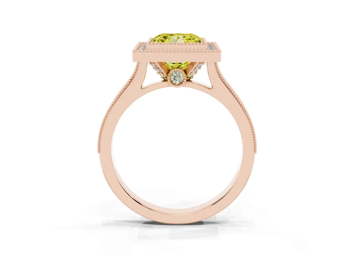 Fancy Yellow Halo Princess Cut-Cut Diamond Pave Band Milgrain Prong Setting Ring Rose gold