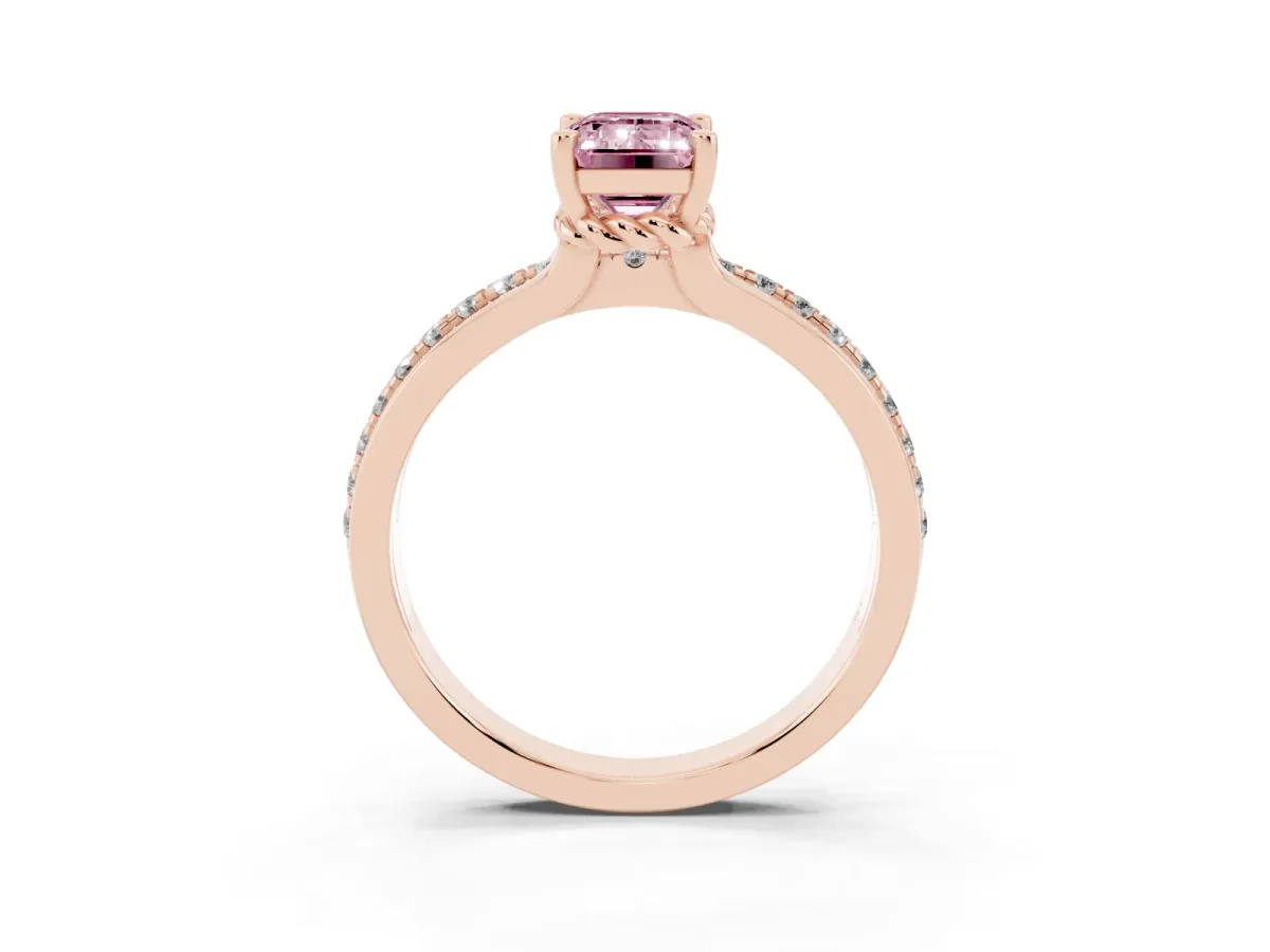 Fancy Pink Emerald Cut Solitaire Diamond Ring with Channel Set Band and Six-Prong Setting Rose gold