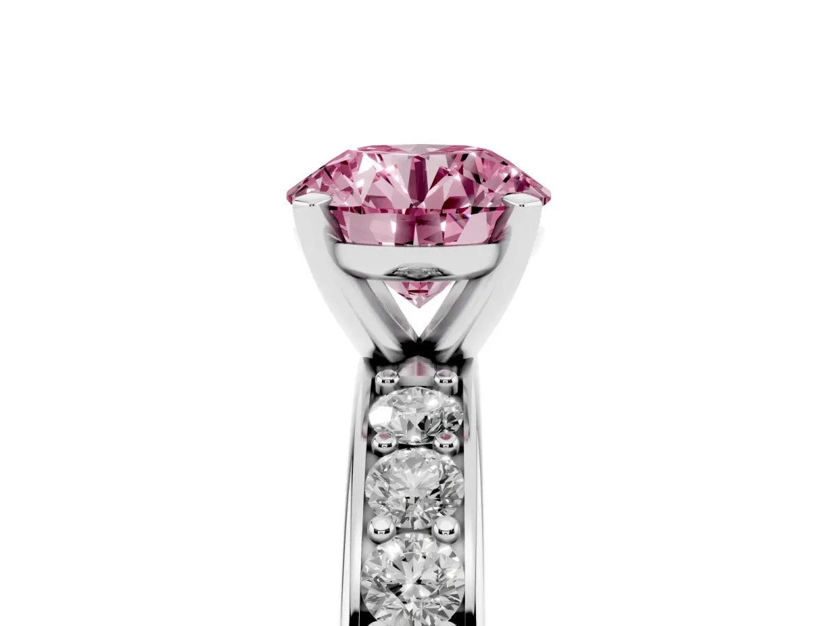 Fancy Pink Round Cut Diamond Engagement Ring with Channel Set Round Band and Prong Setting Silver