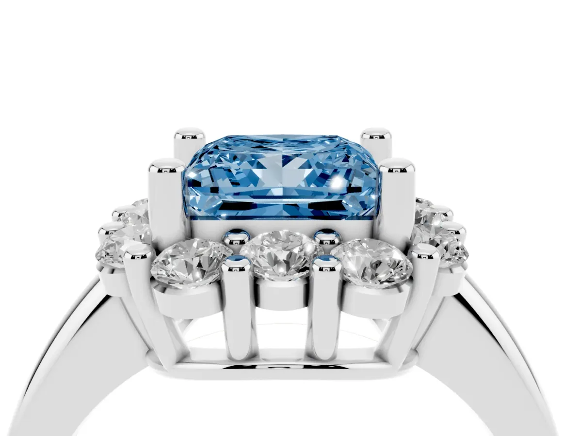 Fancy Blue Princess Cut Halo Cluster Diamond Engagement Ring with Prong Setting and Polished Band Platinum