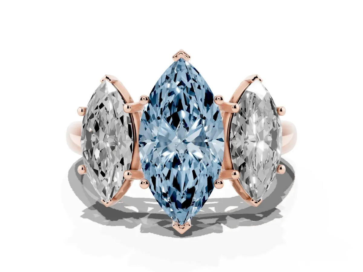 Fancy Blue Three-Stone Marquise Cut Diamond Engagement Ring with Prong Setting Rose gold