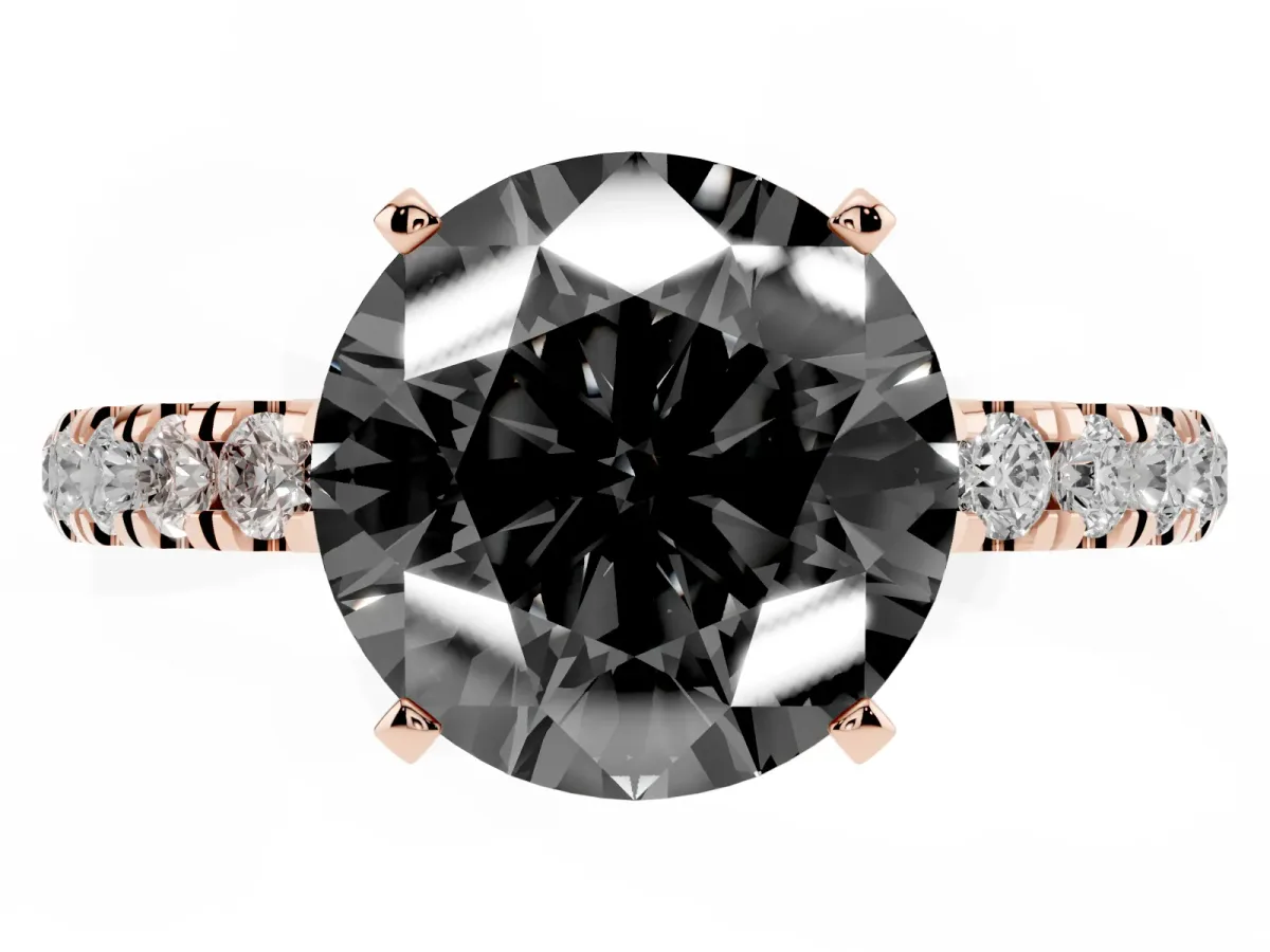 Fancy Black Round Cut Diamond Solitaire Ring with Pavé Accents and Four-Prong Setting Rose gold
