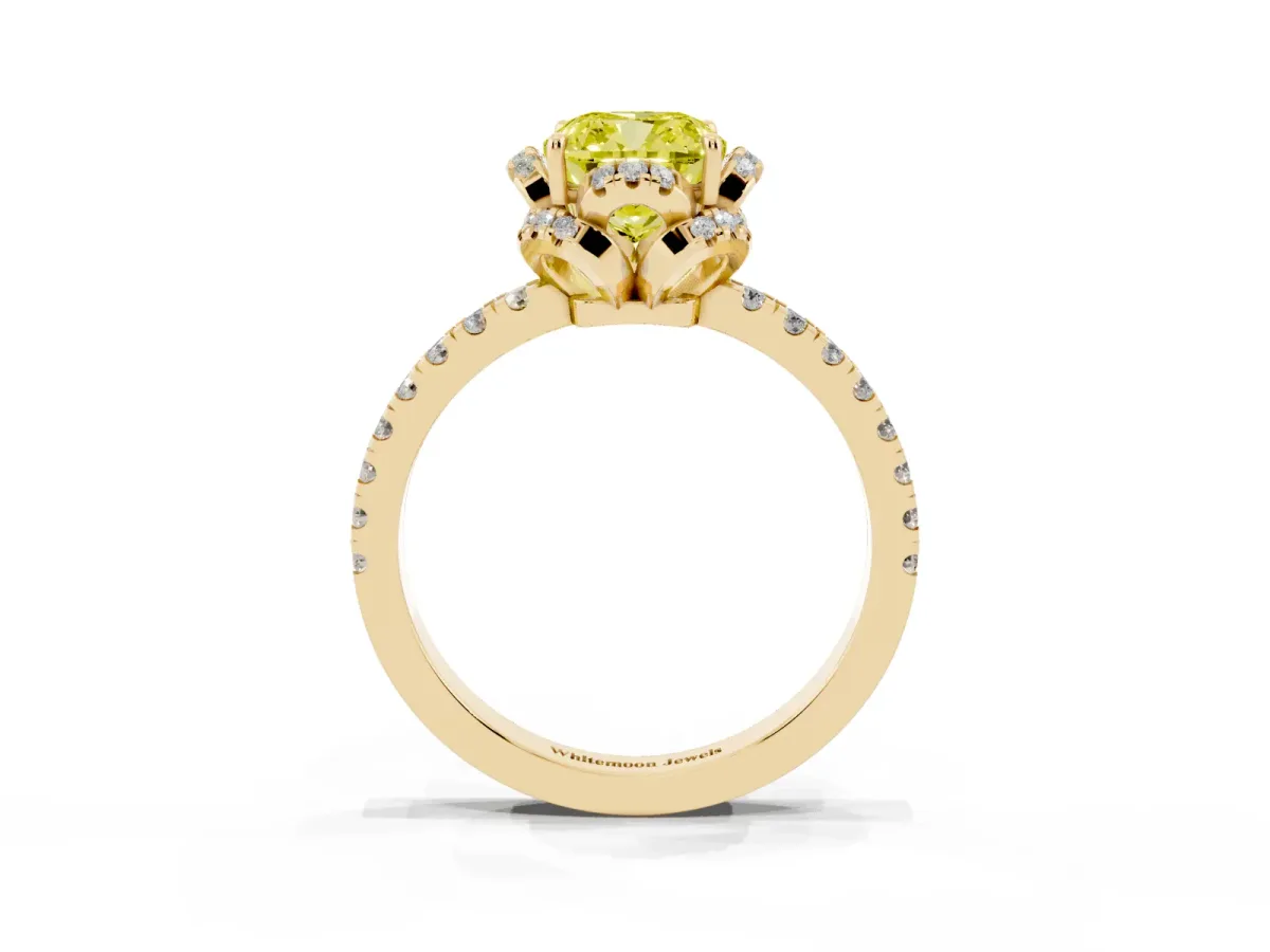 Fancy Yellow Cushion Cut Diamond Halo Pave Band with Four-Prong Setting Yellow gold