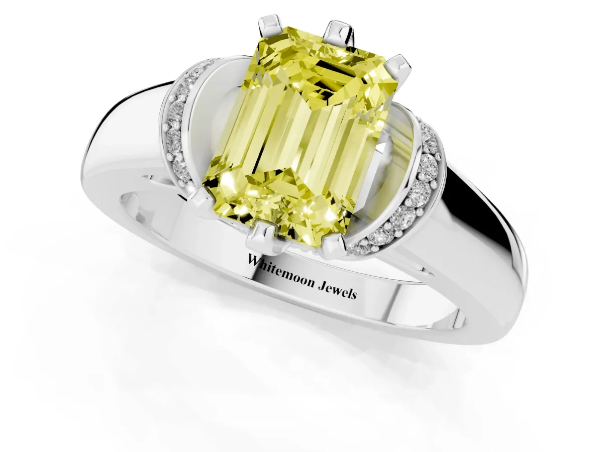Fancy Yellow Emerald Cut Solitaire Diamond Ring with Pave Band and Six-Prong Setting Platinum