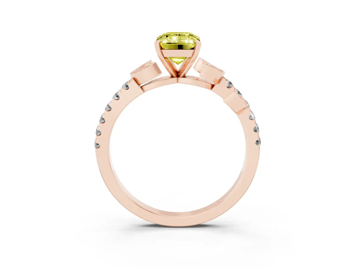 Fancy Yellow Emerald Cut Solitaire Leaf-Inspired Diamond Ring with Pavé Band and Four-Prong Setting Rose gold