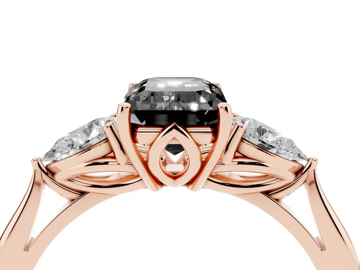 Fancy Black Emerald Cut Diamond Three-Stone Ring with Pear Side Stones and Prong Setting Rose gold
