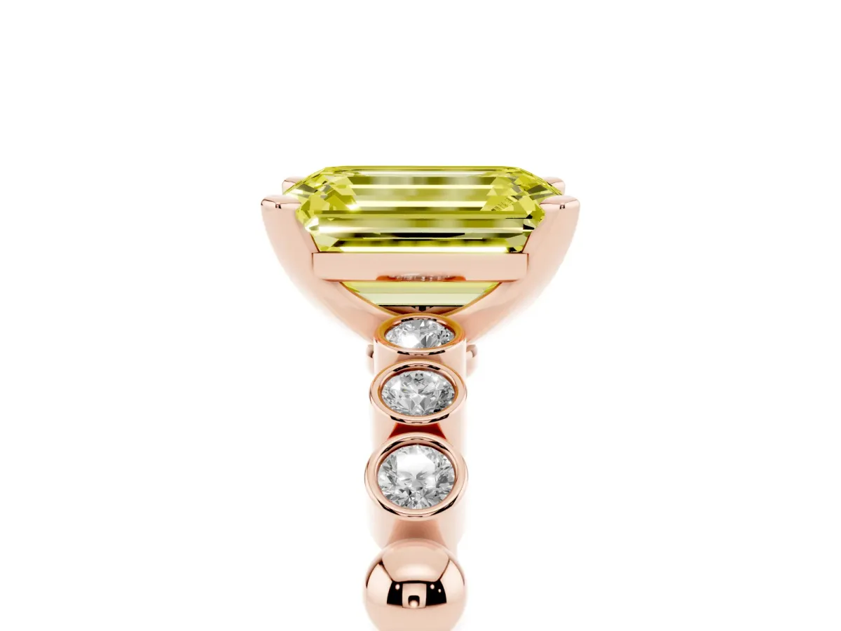 Fancy Yellow Emerald Cut Solitaire Bezel Accent Diamond Engagement Ring with Beaded Band and Four-Prong Setting Rose gold