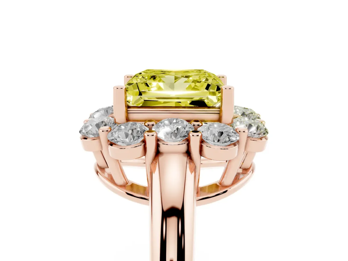 Fancy Yellow Princess Cut Halo Milgrain Solitaire with Bezel Set Side Stones and Pave Band Rose gold