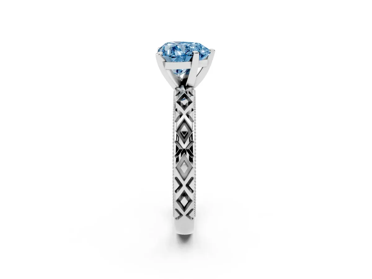 Fancy Blue Heart Cut Solitaire Diamond Ring with Milgrain and Black Enamel X Pattern Band Silver
