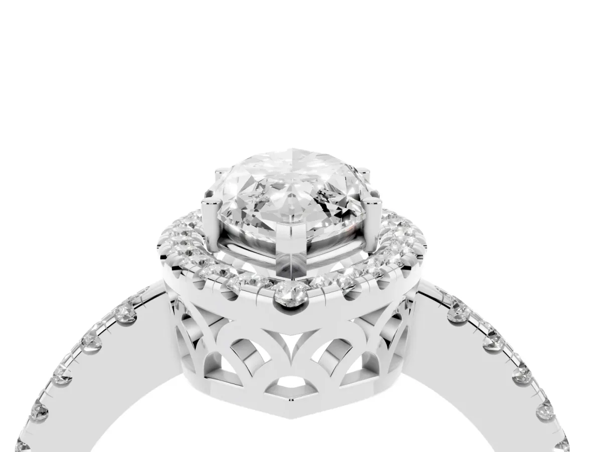 Marquise Cut Halo Diamond Engagement Ring with Pavé Band and Four-Prong Setting White gold