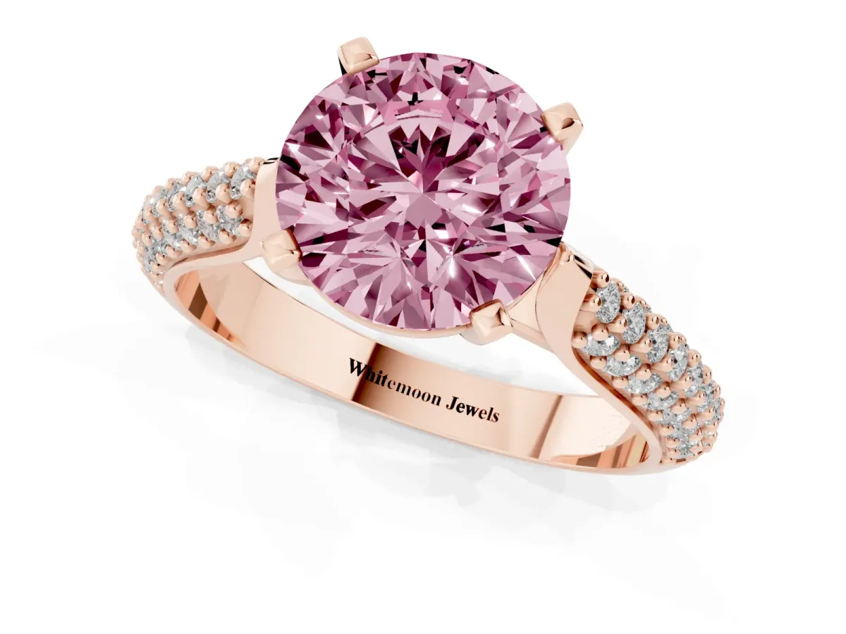 Fancy Pink Round Cut Diamond Solitaire Engagement Ring with Multi-Row Round Pavé Band and Prong Setting Rose gold
