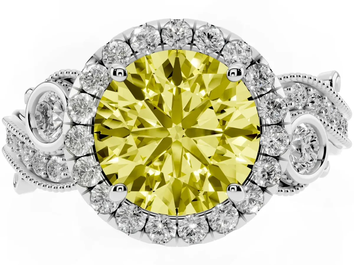 Fancy Yellow Round Cut Halo Diamond Ring with Milgrain and Bezel Accents on a Split Shank Band Silver