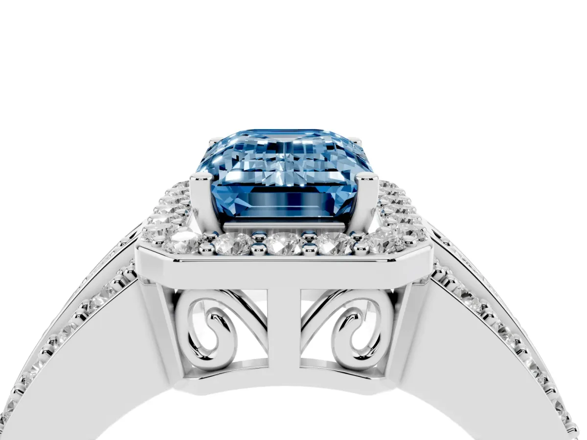 Fancy Blue Emerald Cut Halo Diamond Ring with Round Split Shank and Prong Setting Platinum
