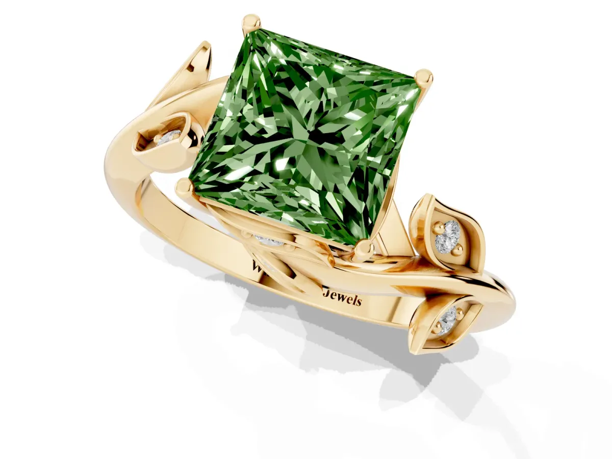 Fancy Green Princess Cut Solitaire Twist Engagement Ring with Leaf Accents and Prong Setting Yellow gold