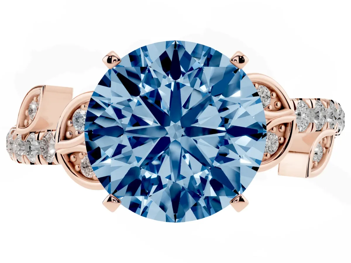 Fancy Blue Round Cut Solitaire Leaf-Inspired Diamond Ring with Pavé Band and Four-Prong Setting Rose gold